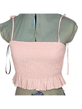 Forever 21 Womens Smocked Seashell Pink Ruffle Cami Top With Adjustable Straps -